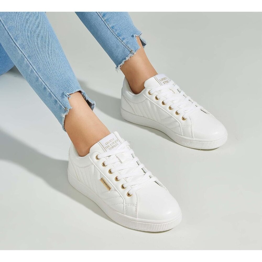 Women's White PU Glitter Shoes Sparkly Bling Shiny Bedazzled Lace Up Sneaker - Picture 2 of 9